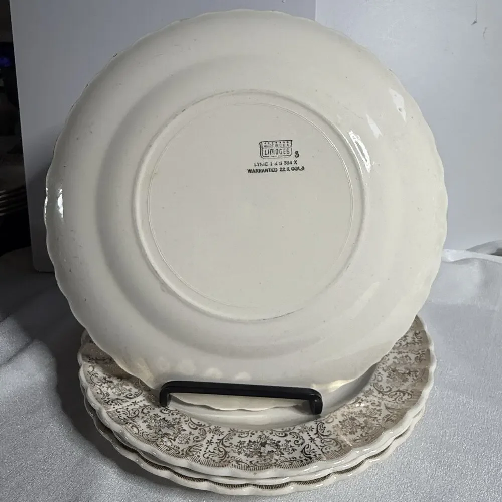 Vintage American Limoges Lyric Plates Set of 4, 22K Gold Filigree Rim 9.5